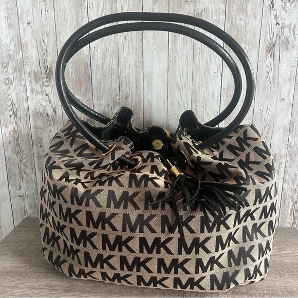Michael Kors Black and Tan East and West Shoulder Bag with Monogram - Picture 1 of 5